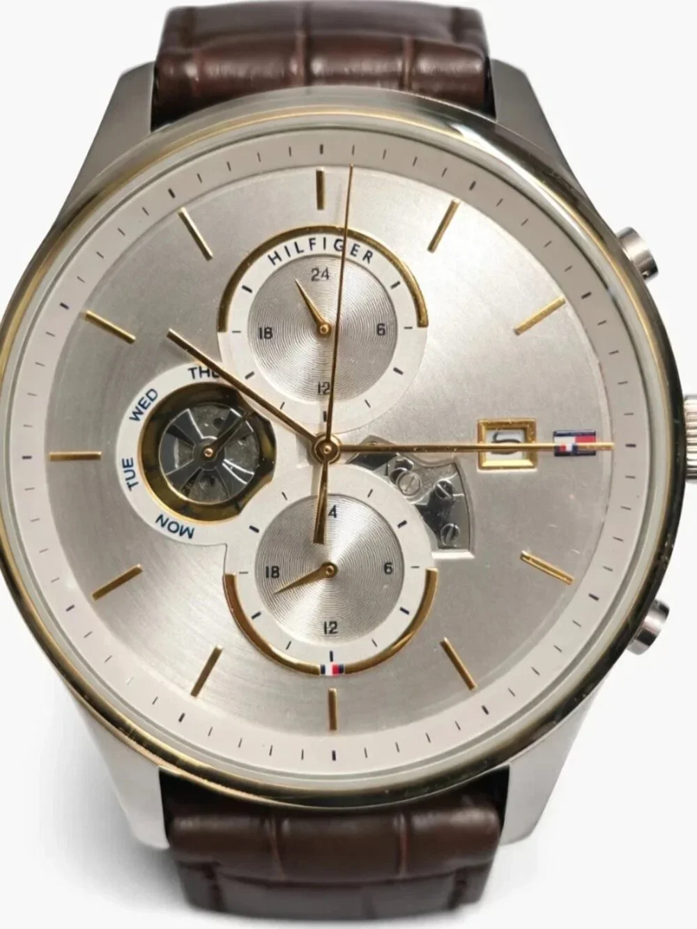 Tommy Hilfiger Men’s Multifunction Watch Silver Dial Brown Leather New-Open Box